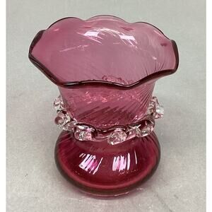 Vintage Hand Blown Pilgrim Glass Swirl Cranberry Vase - 3.5”H